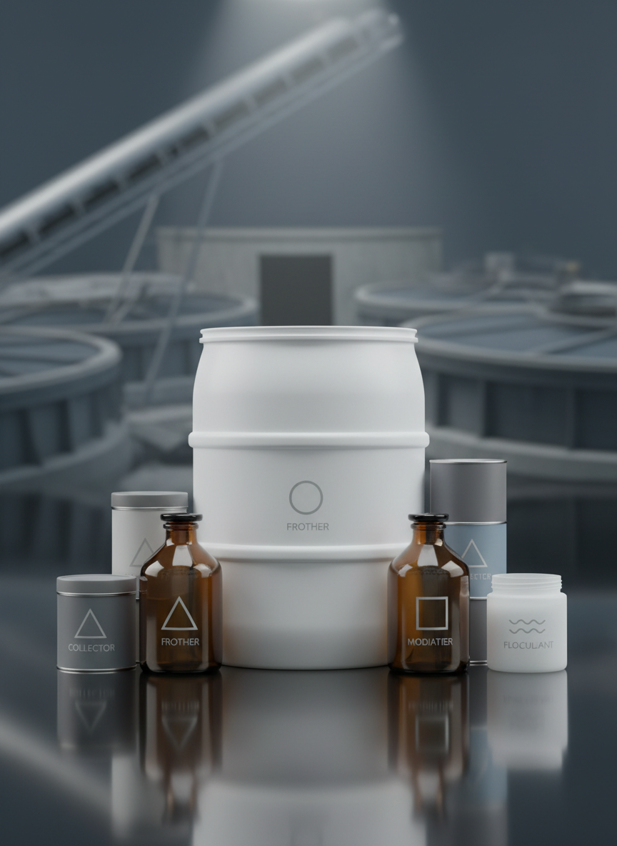 An ultra-clean product-style composition of industrial chemical reagents tailored for flotation processes. A central, opaque white HDPE drum with a robust, ribbed structure stands on a reflective, dark graphite surface, flanked by smaller laboratory-grade bottles and canisters in coordinated neutral colors. Simple geometric icons subtly indicate different chemical functions without using text. In the softly blurred background, abstracted shapes suggest mining conveyors and flotation cells, rendered in cool steel and stone hues. A single, soft studio light from above creates a controlled gradient across the containers, with sharp, refined reflections that enhance their form. Shot at eye level with a shallow depth of field in precise photographic realism, the mood is premium, technical, and trustworthy, ideal for a high-end supplier of flotation reagents.