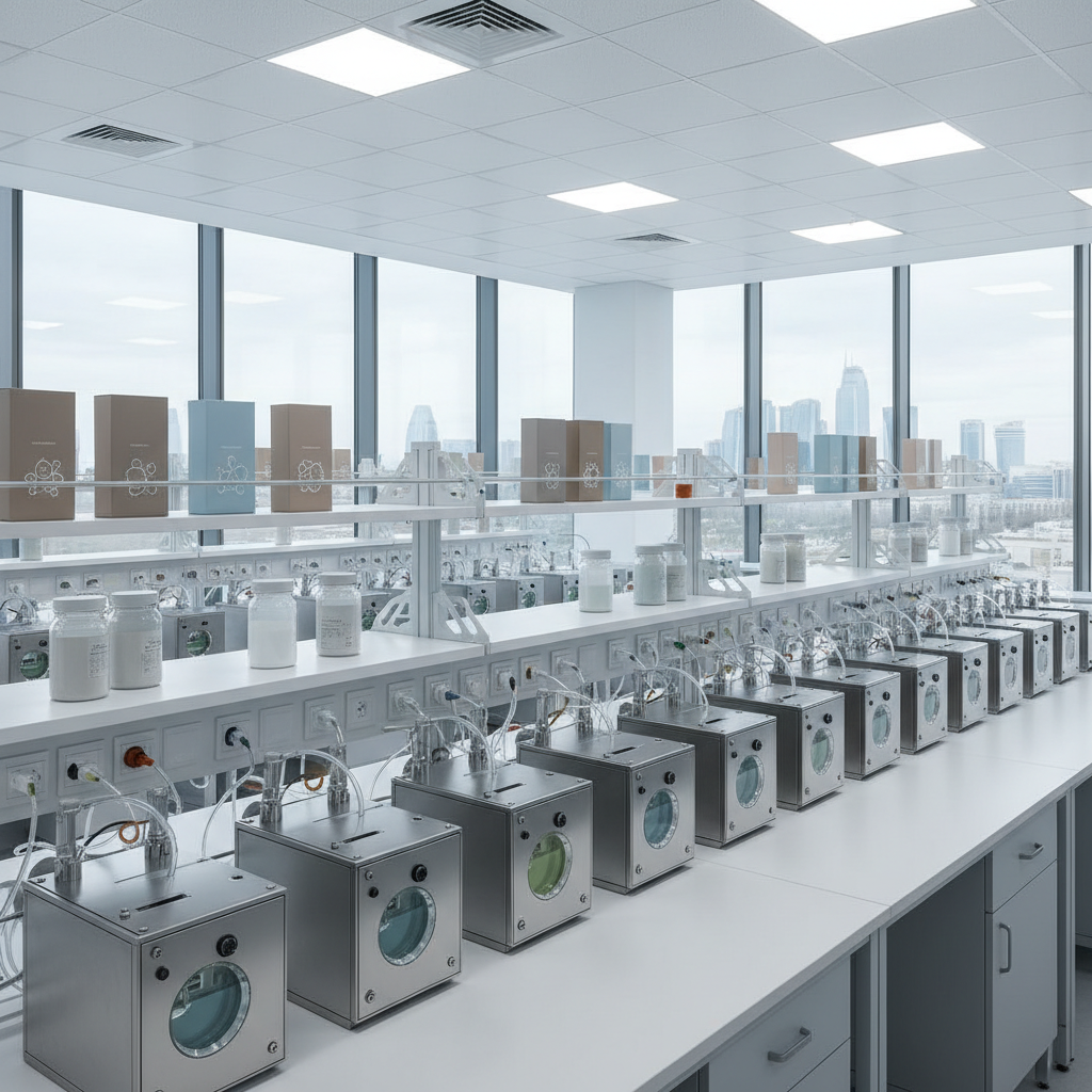 A panoramic interior view of a modern flotation laboratory supporting Kazakhstan’s mining sector. Long rows of compact flotation cells in brushed stainless steel are aligned on immaculate white benches, connected by neatly routed transparent tubes carrying faintly tinted reagent solutions. Shelves above hold organized containers of powdered collectors and frothers in neutral, sophisticated packaging with abstract icons. Large windows reveal a distant, softly blurred hint of Astana’s skyline. Cool, even overhead lighting blends with natural daylight, creating a bright, analytical atmosphere without harsh contrasts. Captured from a slightly elevated wide-angle perspective with sharp focus throughout, the composition emphasizes order, scale, and technological competence in a clean, photographic style that feels precise yet understated.