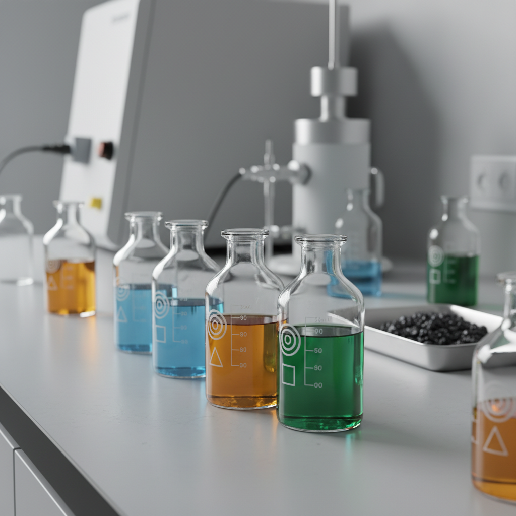 A sophisticated close-up of a laboratory bench dedicated to flotation reagents for the mining industry. Sleek, transparent glass reagent bottles with precise volume markings hold liquids in subtle shades of pale blue, amber, and emerald, some labeled only by color bands and geometric icons instead of text. The bench surface is a clean, light gray composite with a faint matte texture, and in the soft background, blurred stainless-steel lab equipment and a small ore sample tray suggest analytical work. Cool, diffused studio lighting from above and the left creates gentle reflections on the glass and soft shadows, emphasizing clarity and precision. Shot at eye level with a shallow depth of field, in photographic realism, the atmosphere feels highly professional, controlled, and technically advanced, matching a modern chemical supplier’s image.