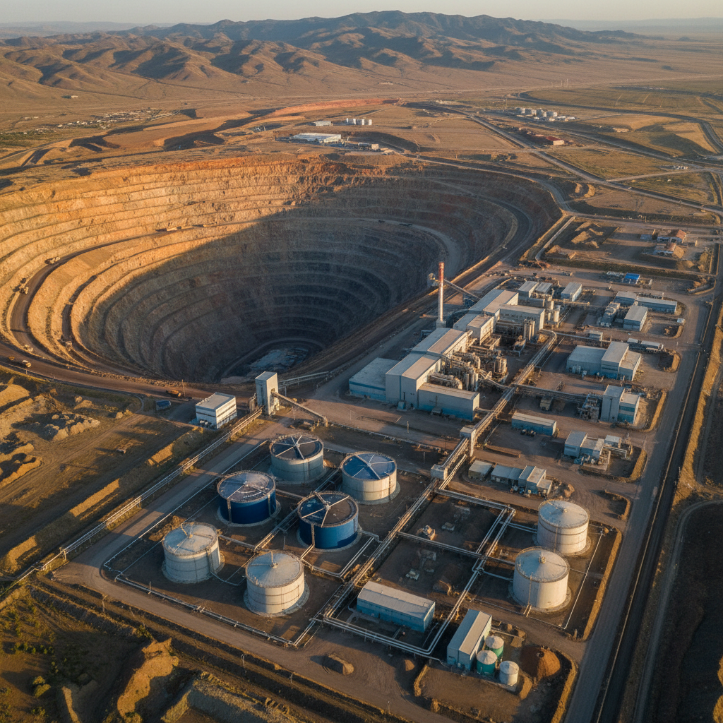 A dramatic, high-resolution aerial view of an expansive Kazakh open-pit mine transitioning into an adjacent flotation and processing plant. Terraced benches of earth-toned ore spiral downward, leading the eye toward a cluster of metallic processing buildings and circular flotation tanks in steel blue and silver. Discrete reagent storage tanks and pipelines connect the plant modules, subtly highlighted by their organized geometry. Late afternoon sunlight casts long, defined shadows across the benches and structures, adding depth and emphasizing the scale of operations. Dust in the air is minimal, creating a crisp, clear atmosphere. Shot in photographic realism from a bird’s-eye perspective, the image balances the raw power of mining with the precise infrastructure required for mineral beneficiation, conveying scale, control, and industrial sophistication.