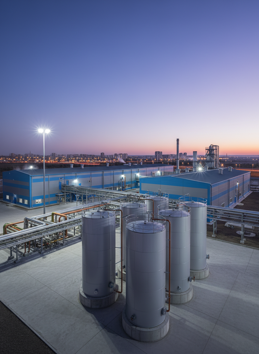 A refined, twilight exterior of a flotation plant on the outskirts of Astana, emphasizing reagent and process infrastructure. Low, linear process buildings in muted industrial gray and soft blue are interconnected by tidy networks of insulated pipes and reagent dosing lines, subtly color-coded but without any text. Several cylindrical reagent storage tanks stand in the foreground on a clean concrete pad, their smooth surfaces catching the cool evening light. The sky blends deep blue and violet tones as discreet white LED floodlights create crisp highlights and controlled pools of illumination, with minimal glare. Shot in photographic realism from a low, three-quarter angle, the composition showcases both the plant and distant city lights on the horizon, creating a mood of reliability, continuous operation, and modern industrial elegance.