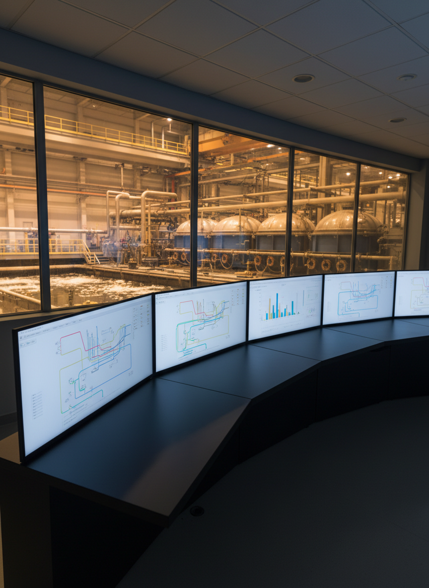 A sophisticated process control room dedicated to managing reagent dosing at a modern mineral processing plant, visualized without showing operators. A long, matte black console holds multiple widescreen monitors displaying abstracted process flows, color-coded lines, and clean graphs without legible text. In the background, through a large interior window, softly out-of-focus flotation cells and reagent pipelines are visible in a warmly lit industrial hall. The control room itself is illuminated by dim, indirect ceiling lights, while the screens cast a cool, subtle glow onto the console surfaces, creating a balanced, focused ambiance. Captured from a slightly low, diagonal angle with moderate depth of field in photographic realism, the image feels calm, intelligent, and highly controlled, emphasizing automation, precision, and technical oversight in reagent management.