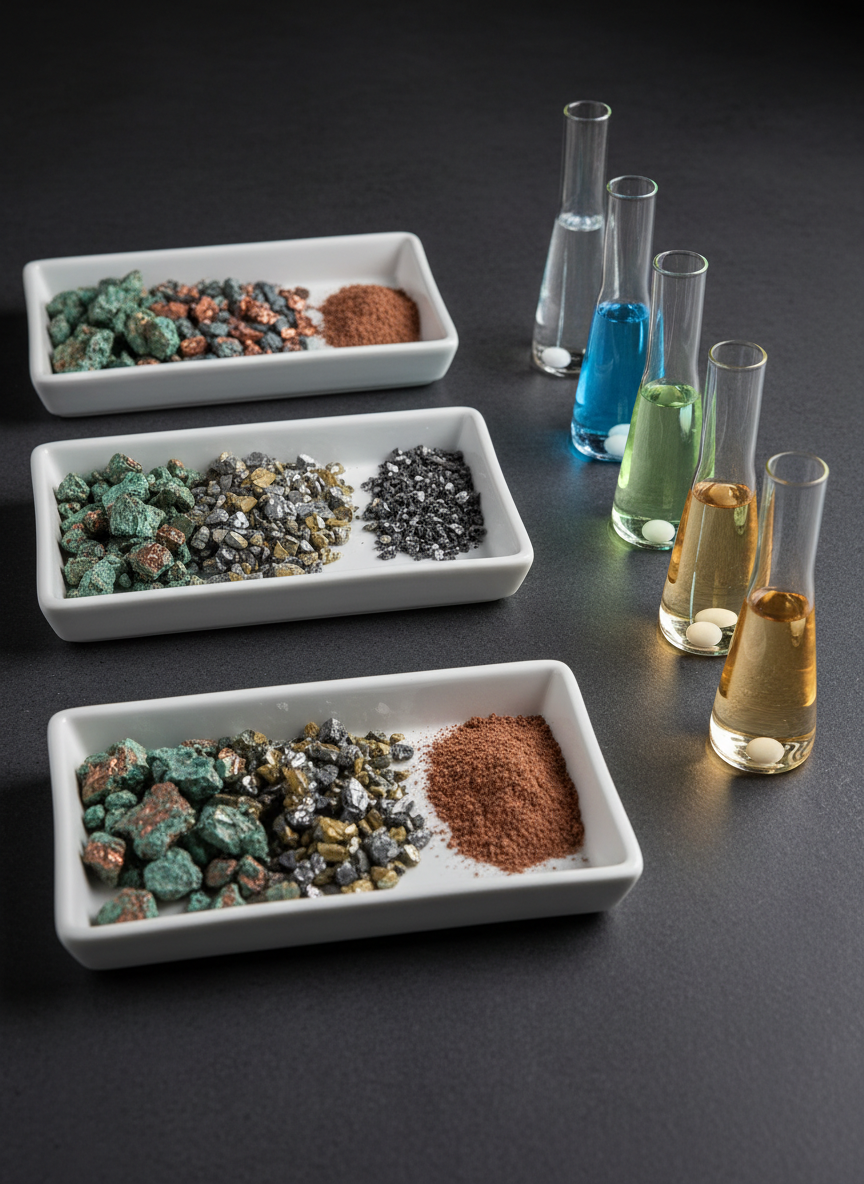 A meticulously arranged close-up of mineral ore samples prepared for reagent testing in a mining laboratory. Rectangular ceramic trays display graded fragments of copper and polymetallic ore, each row showing different grain sizes with varied textures, from rough crystalline surfaces to finely ground concentrates. Beside the trays, a set of slender glass beakers holds clear and faintly colored reagent solutions, with magnetic stir bars resting at the bottom. The workstation surface is a dark, matte stone that contrasts elegantly with the samples. Soft, directional studio lighting from the right creates fine, readable shadows within the ore textures and subtle reflections in the glassware. Captured from a slightly elevated angle with medium depth of field, the photographic composition feels calm, methodical, and expertly controlled, ideal for conveying rigorous testing and optimization of flotation chemistry.